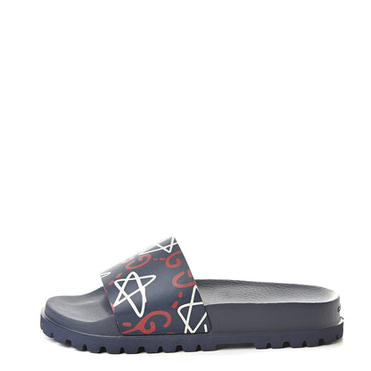 Gucci Calfskin Rubber GucciGhost Mens Lug Sole Slide Sandals 7 Blue Agata Hibiscus Red 1 of 8
