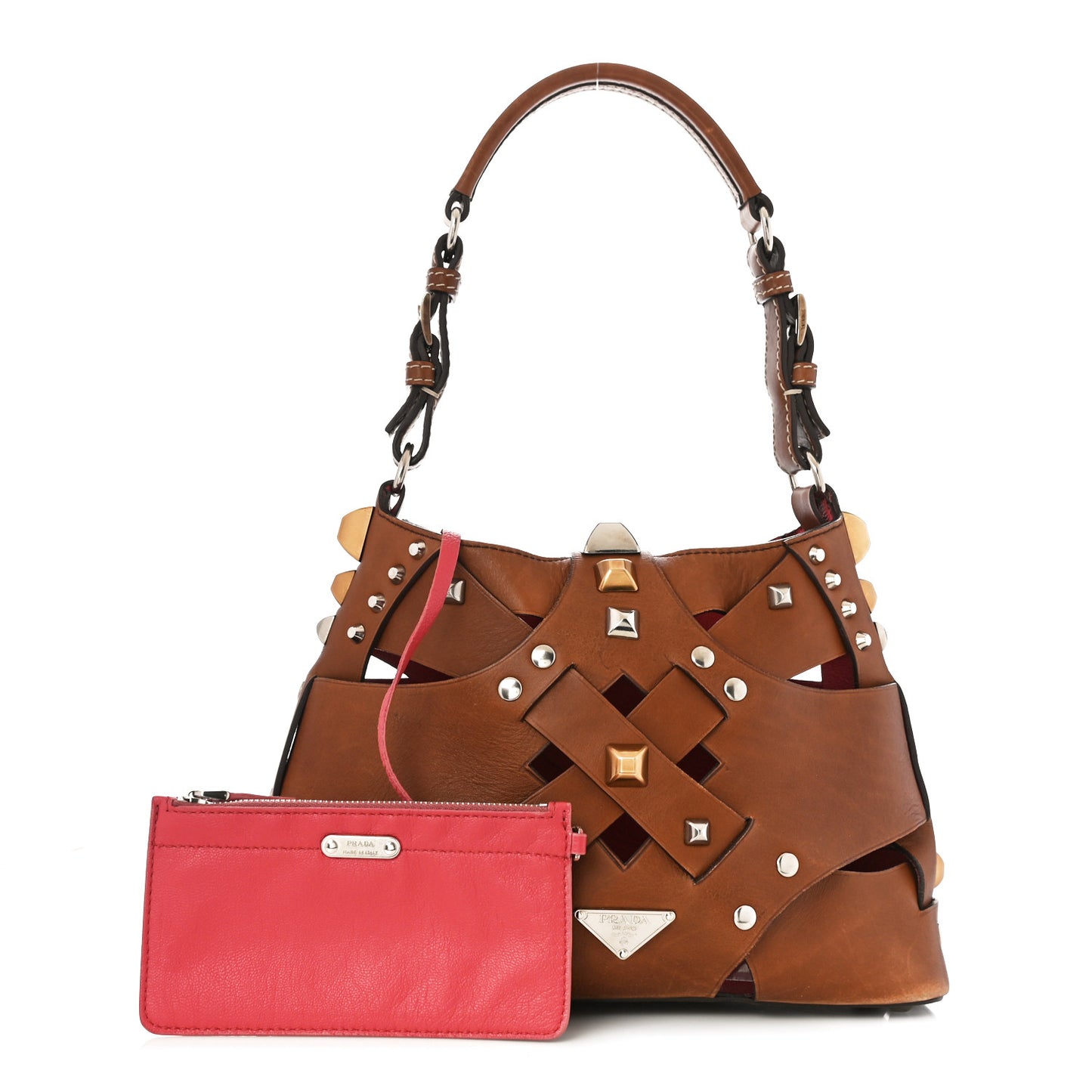 Woven Studded Lattice Shoulder Bag Brown