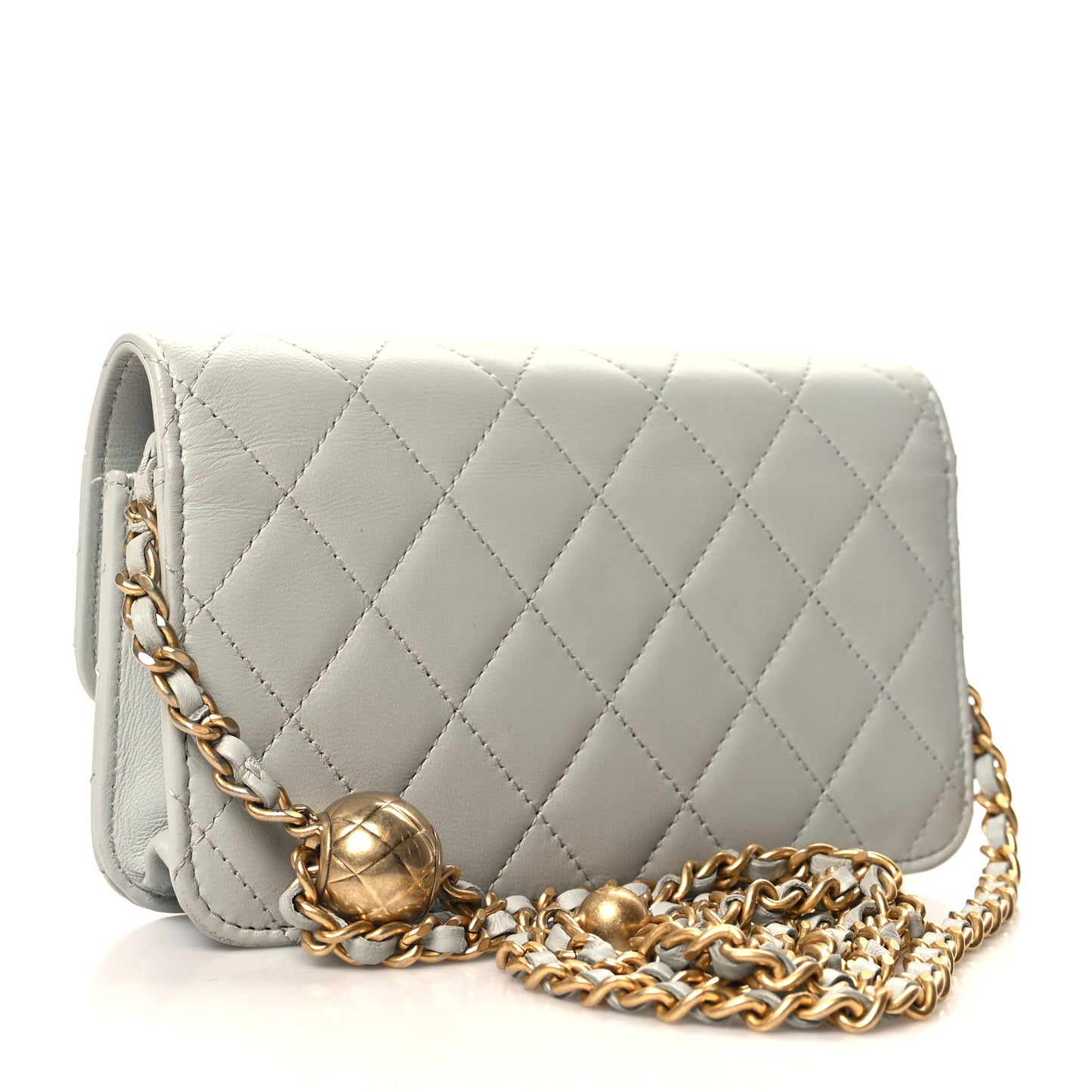 Lambskin Pearl Crush Quilted Flap Phone Holder With Chain Light Grey