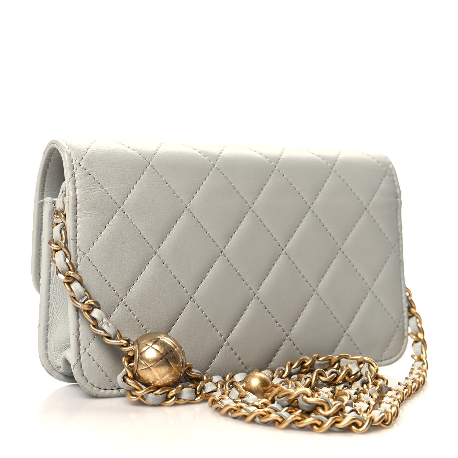 Chanel Lambskin Pearl Crush Quilted Flap Phone Holder With Chain Light Grey 3 of 11