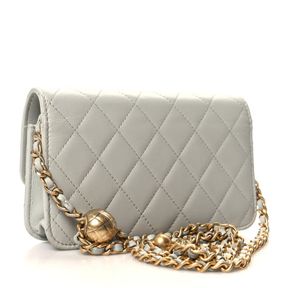 Chanel Lambskin Pearl Crush Quilted Flap Phone Holder With Chain Light Grey 3 of 11