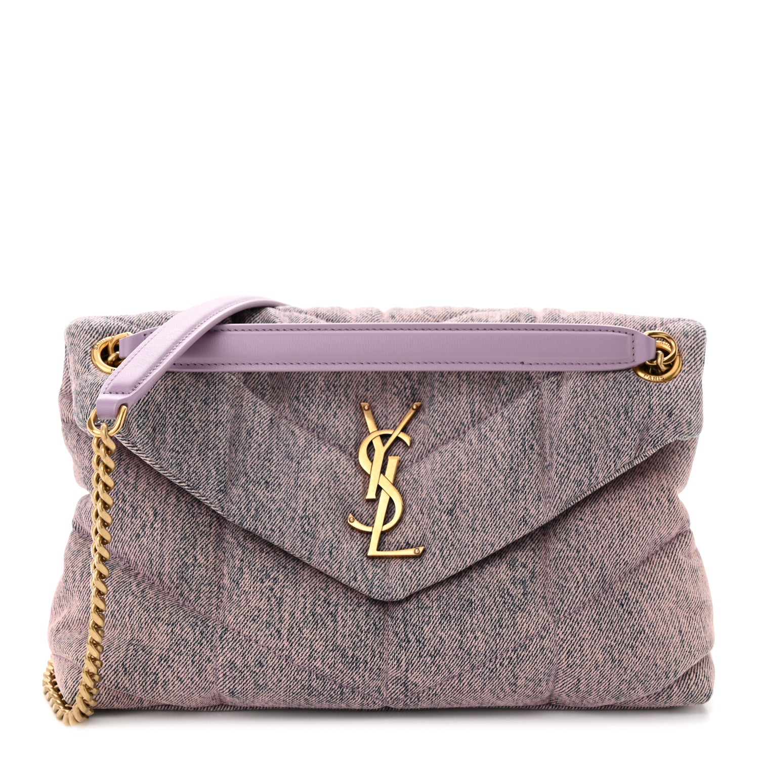Saint Laurent Denim Quilted Small Loulou Puffer Monogram Chain Satchel Bleached Lilac 1 of 12