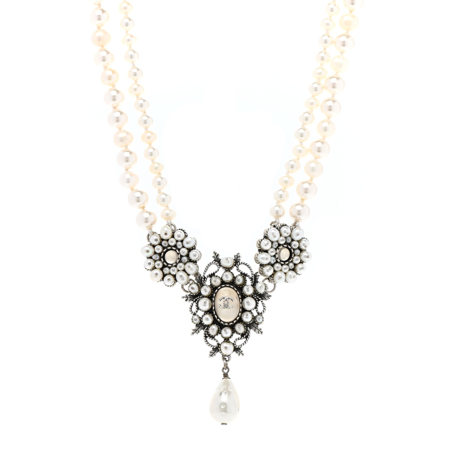 Chanel Crystal Pearl CC Leaf Necklace Silver 1 of 6