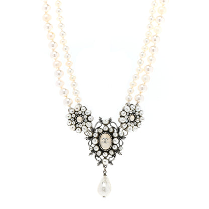 Chanel Crystal Pearl CC Leaf Necklace Silver 1 of 6
