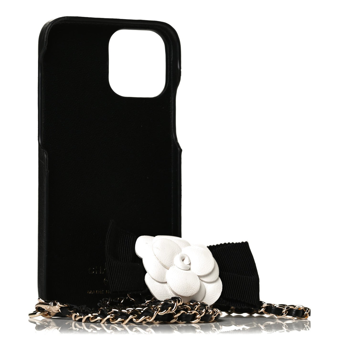 Lambskin Quilted Camellia Bow iPhone XII Pro Holder With Chain Black