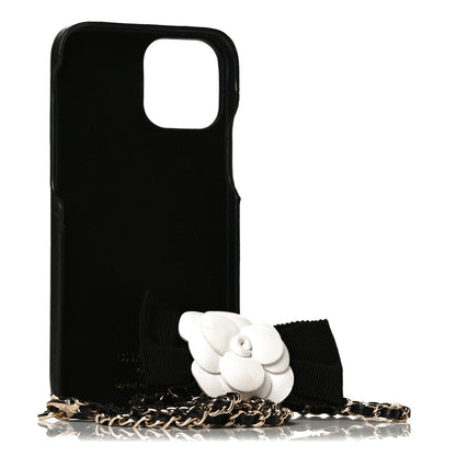 Chanel Lambskin Quilted Camellia Bow iPhone XII Pro Holder With Chain Black 2 of 7