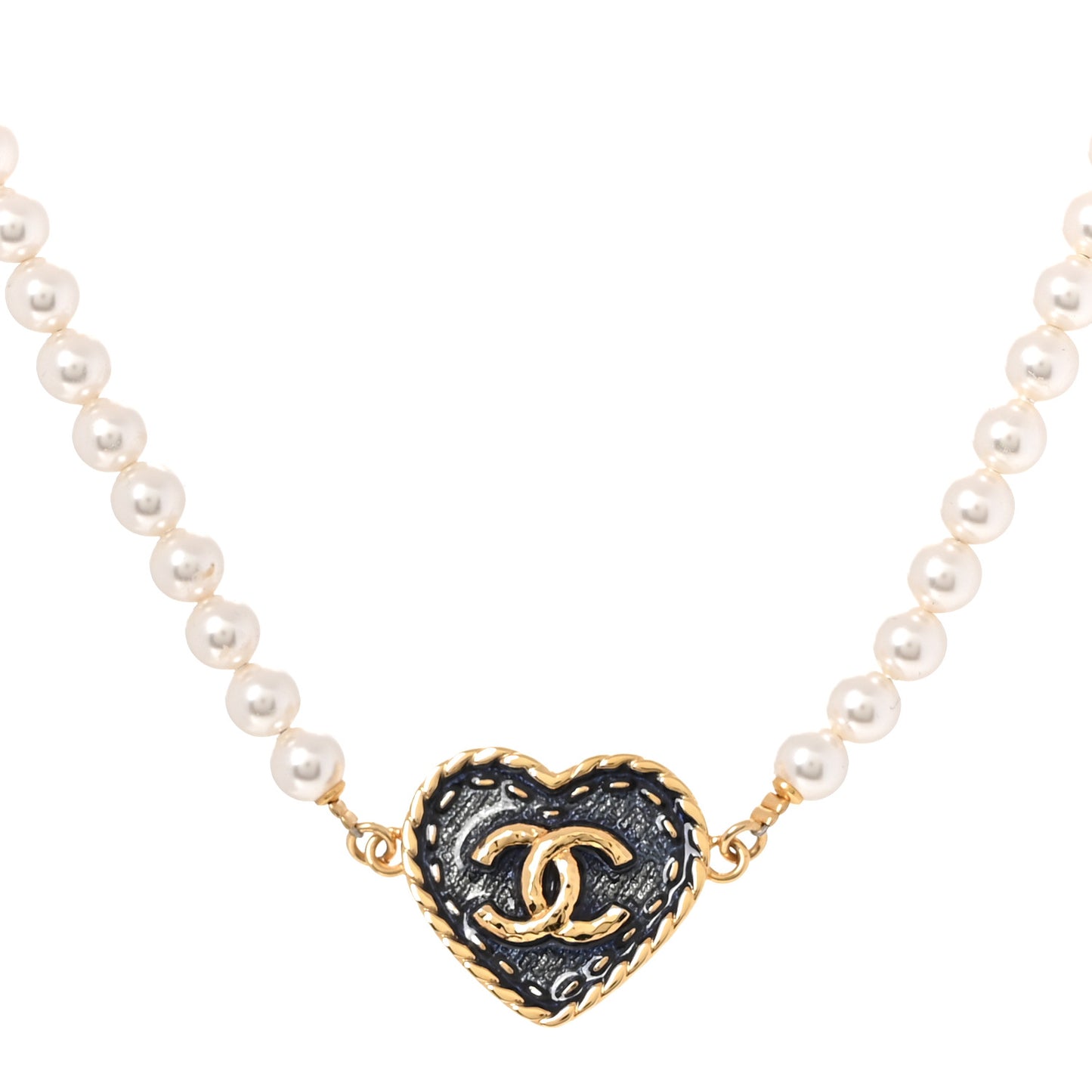 Metal Denim CC Heart Choker Gold Blue Pearly White