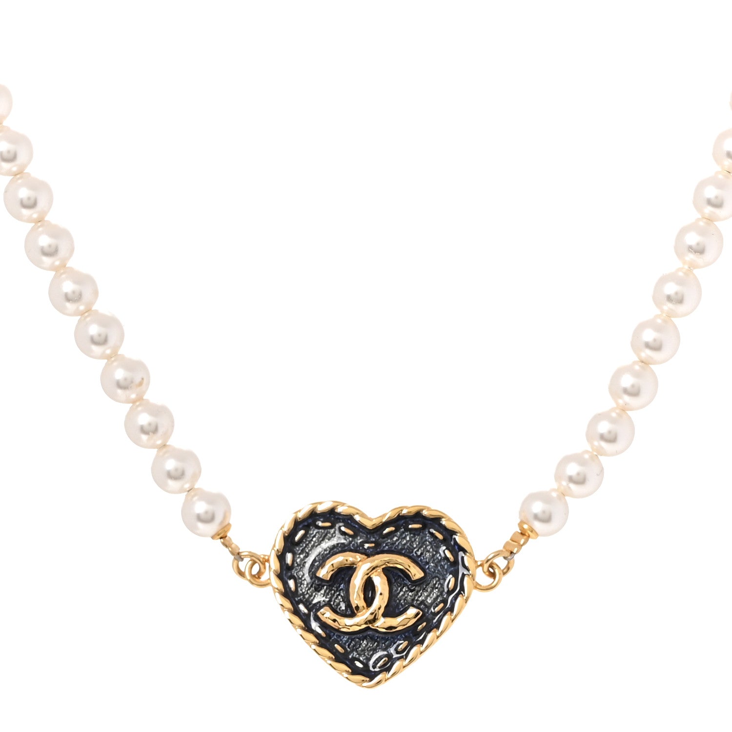 Chanel Metal Denim CC Heart Choker Gold Blue Pearly White 1 of 5