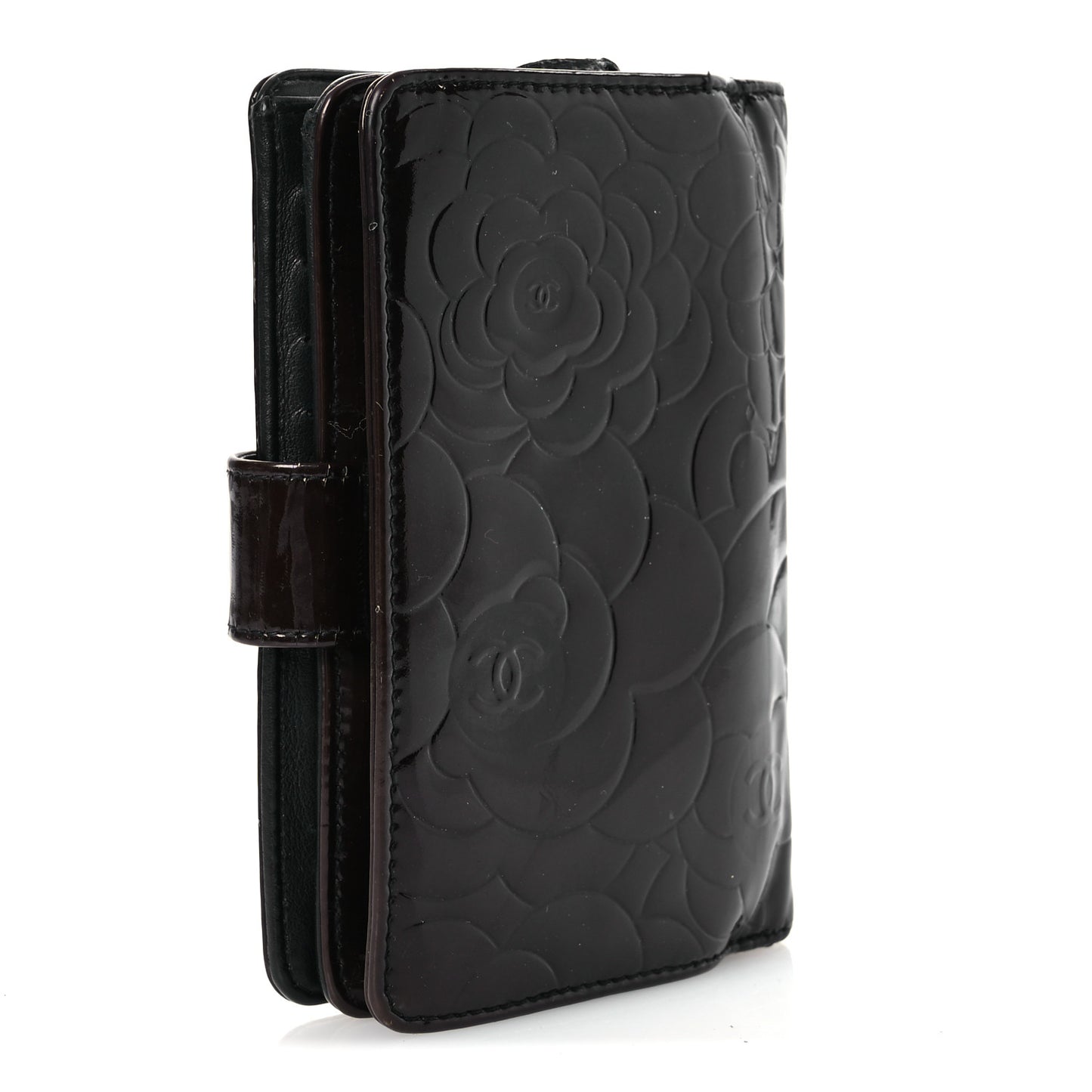 Patent Camellia Embossed Zipped Pocket Wallet Brown