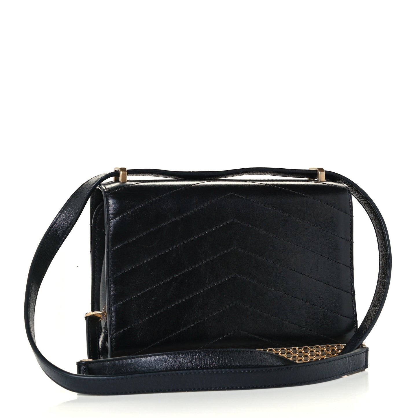 Calfskin Chevron Quilted Medal Flap Black