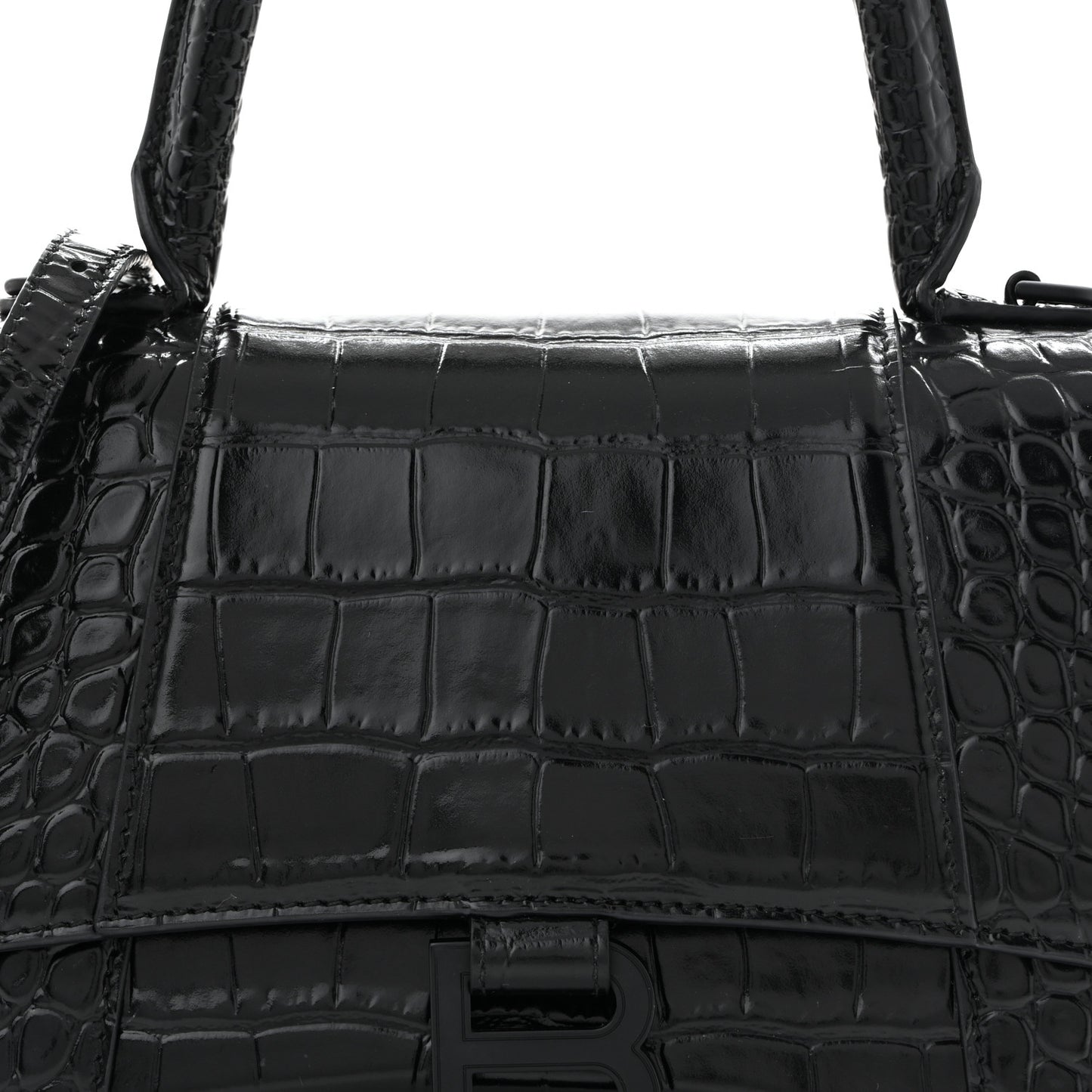 Shiny Calfskin Monochrome Crocodile Embossed Small Hourglass Top Handle Bag Black