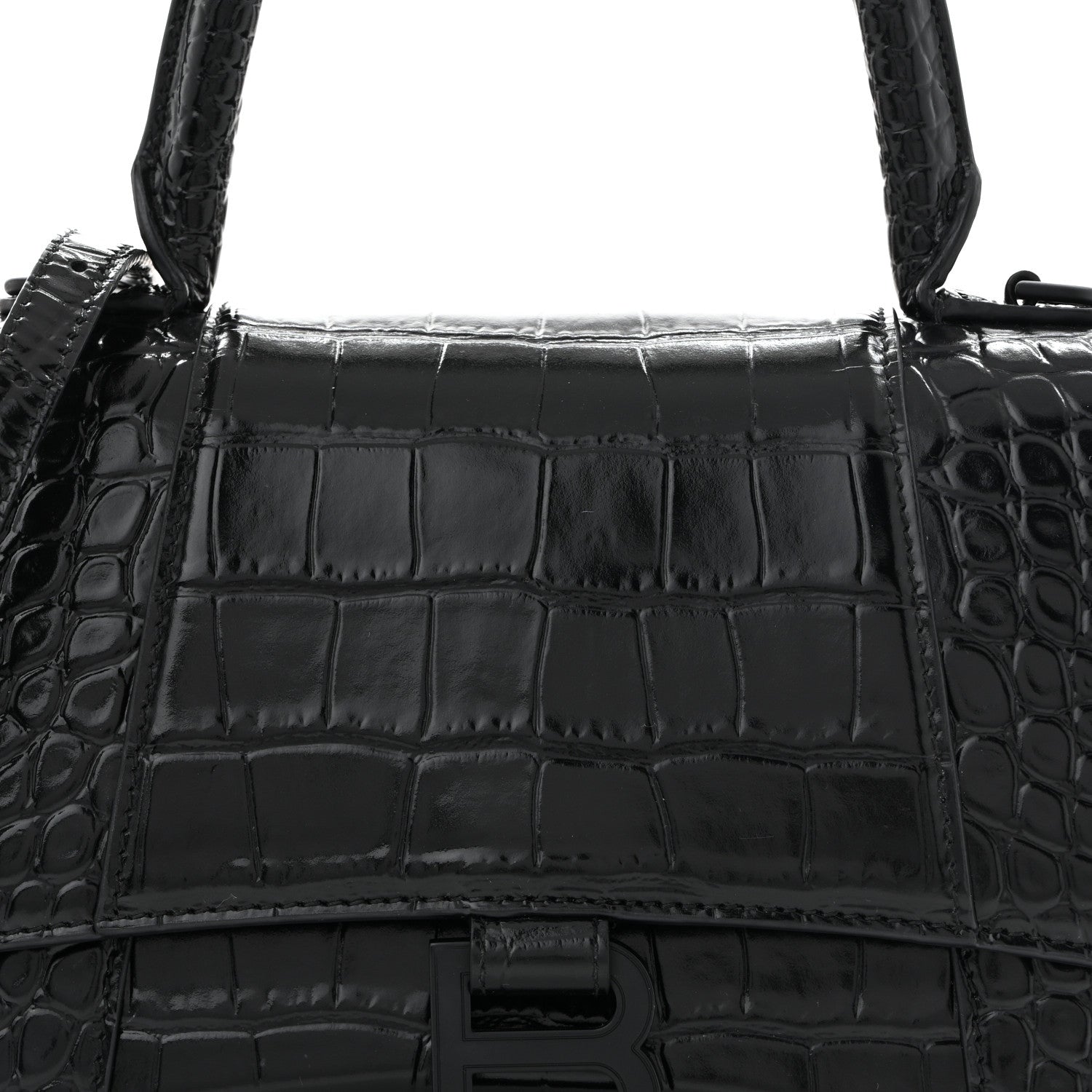 Balenciaga Shiny Calfskin Monochrome Crocodile Embossed Small Hourglass Top Handle Bag Black 8 of 12