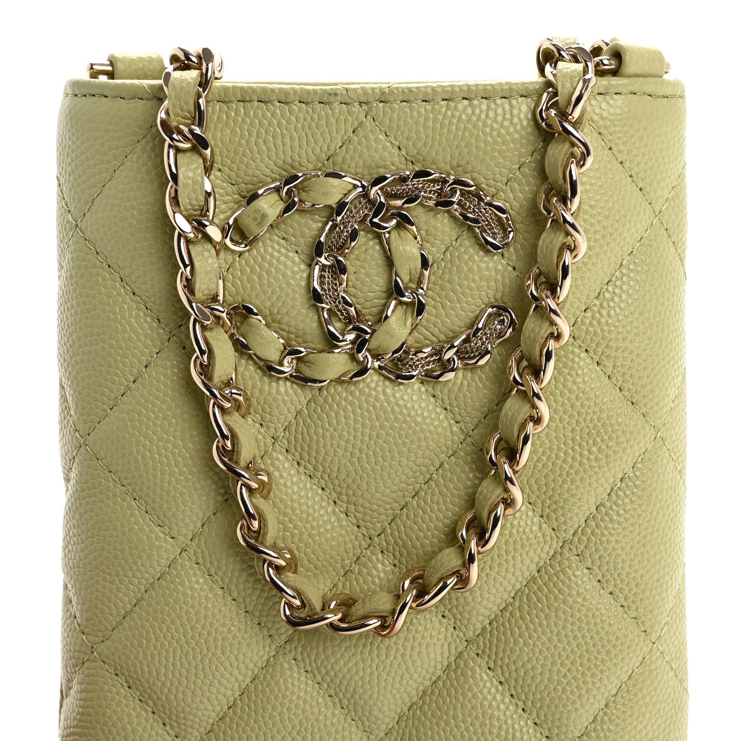 Caviar Quilted French New Wave Phone Holder With Chain Light Green