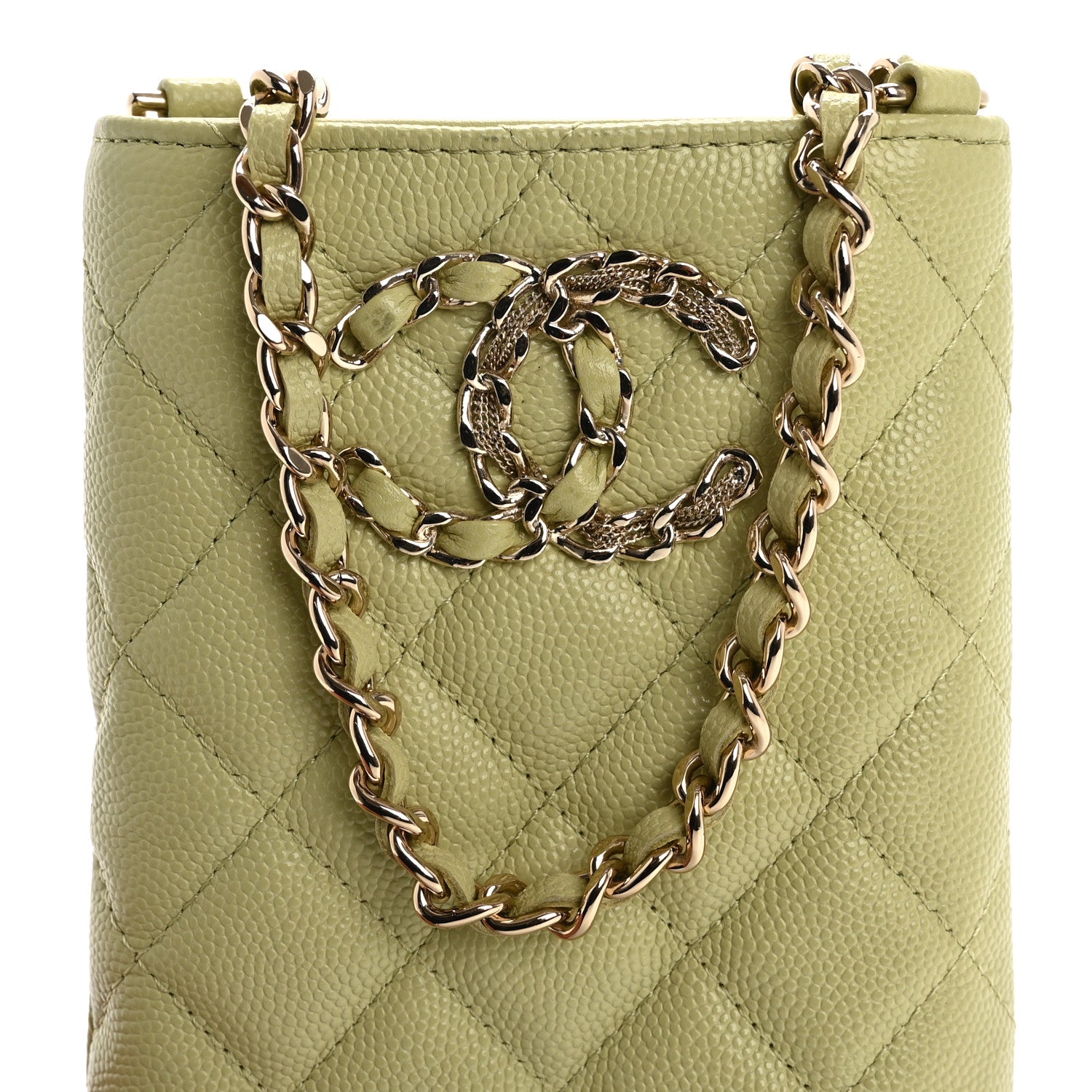 Chanel Caviar Quilted French New Wave Phone Holder With Chain Light Green 9 of 12