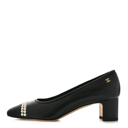 Chanel Lambskin Grosgrain Pearl Cap Toe CC Pumps 37 Black 1 of 9