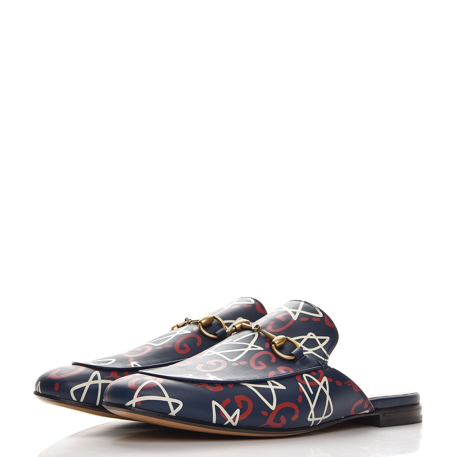 Gucci Calfskin GucciGhost Print Mens Princetown Slippers 12 Blue Agata Hibiscus Red 3 of 10
