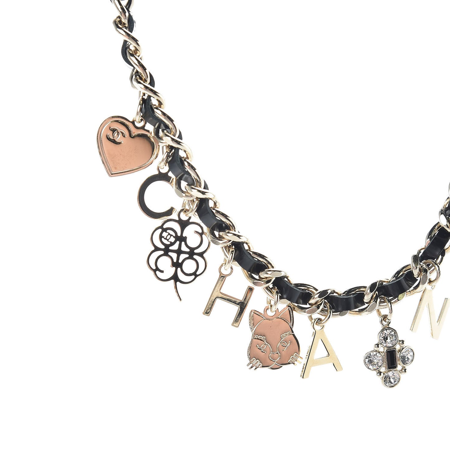 Glazed Calfskin Crystal Pearl Charm Short Necklace Black Gold