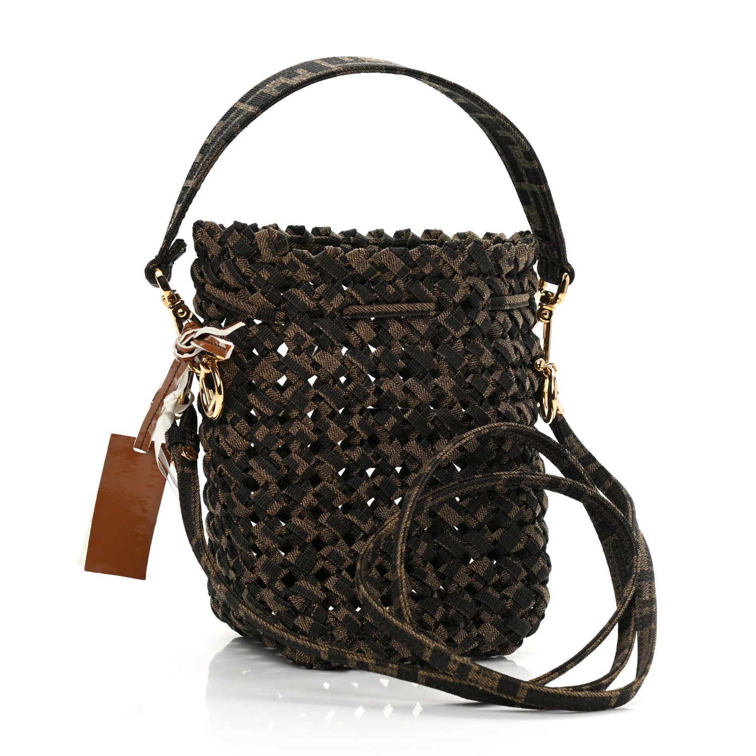Fendi Fabric Jacquard F is Fendi FF 1974 Woven Knotted Mini Mon Tresor Bucket Bag Tabacco Moro 3 of 10