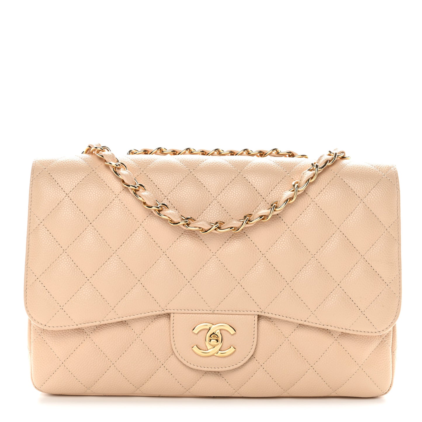 Caviar Quilted Jumbo Double Flap Light Beige