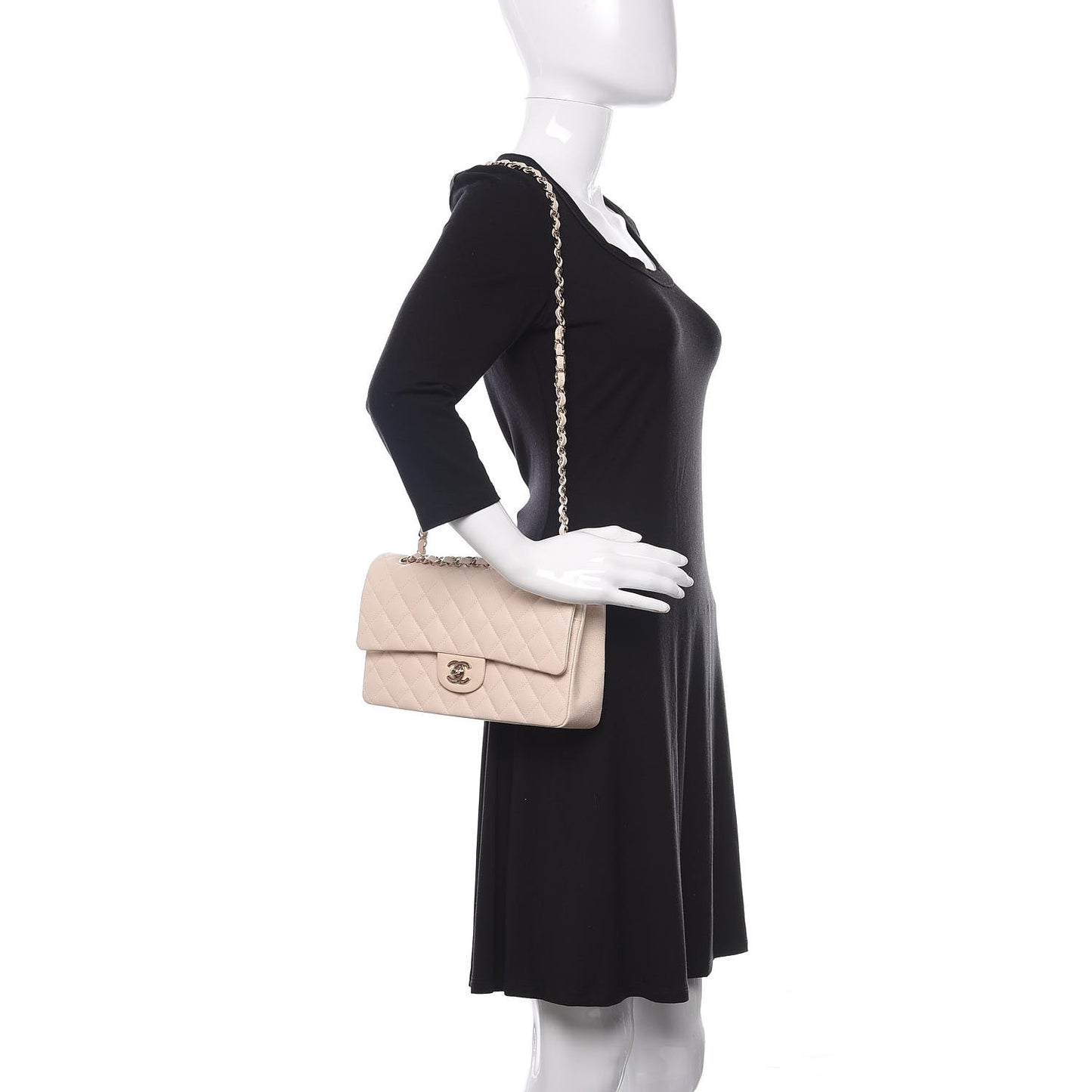Caviar Quilted Medium Double Flap Light Beige