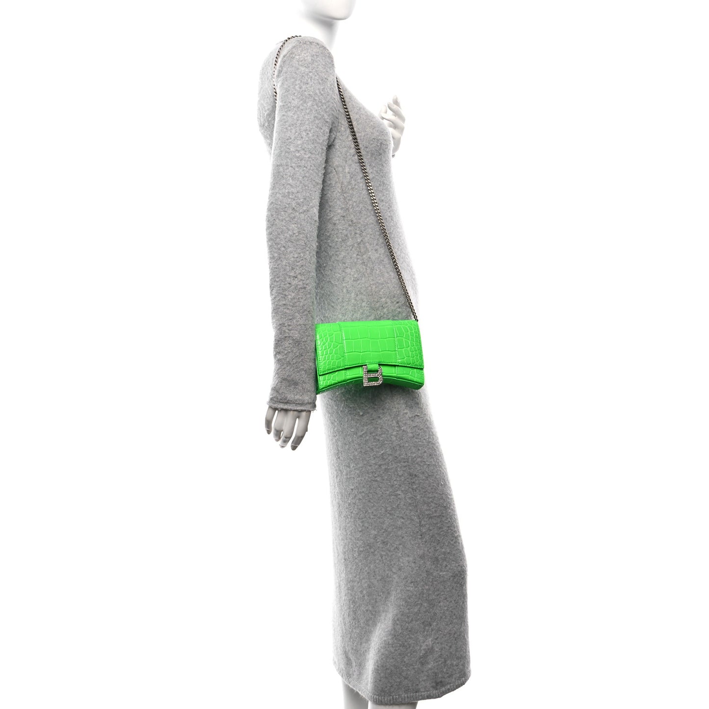 Shiny Calfskin Strass Crocodile Embossed Hourglass Chain Bag Fluo Green