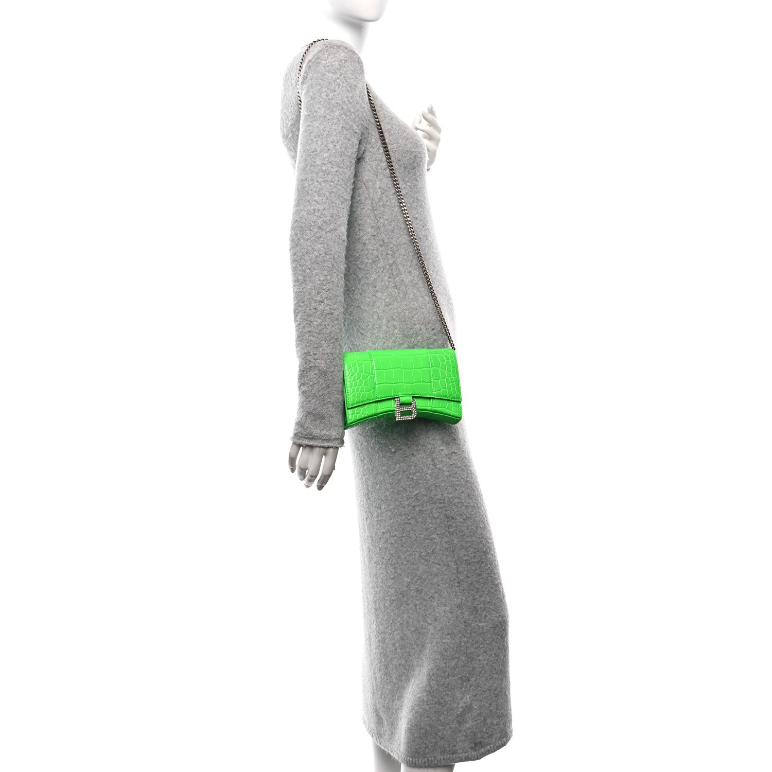 Balenciaga Shiny Calfskin Strass Crocodile Embossed Hourglass Chain Bag Fluo Green 2 of 9