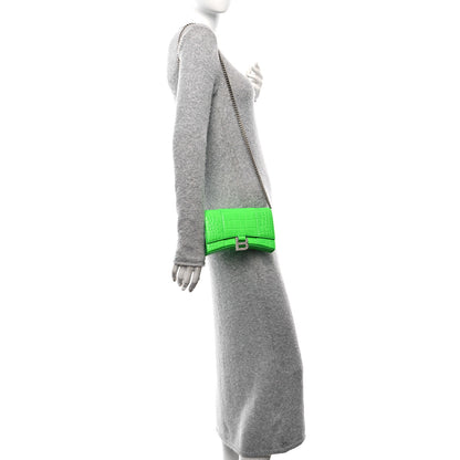 Balenciaga Shiny Calfskin Strass Crocodile Embossed Hourglass Chain Bag Fluo Green 2 of 9