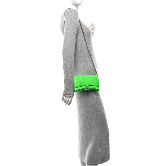 Shiny Calfskin Strass Crocodile Embossed Hourglass Chain Bag Fluo Green