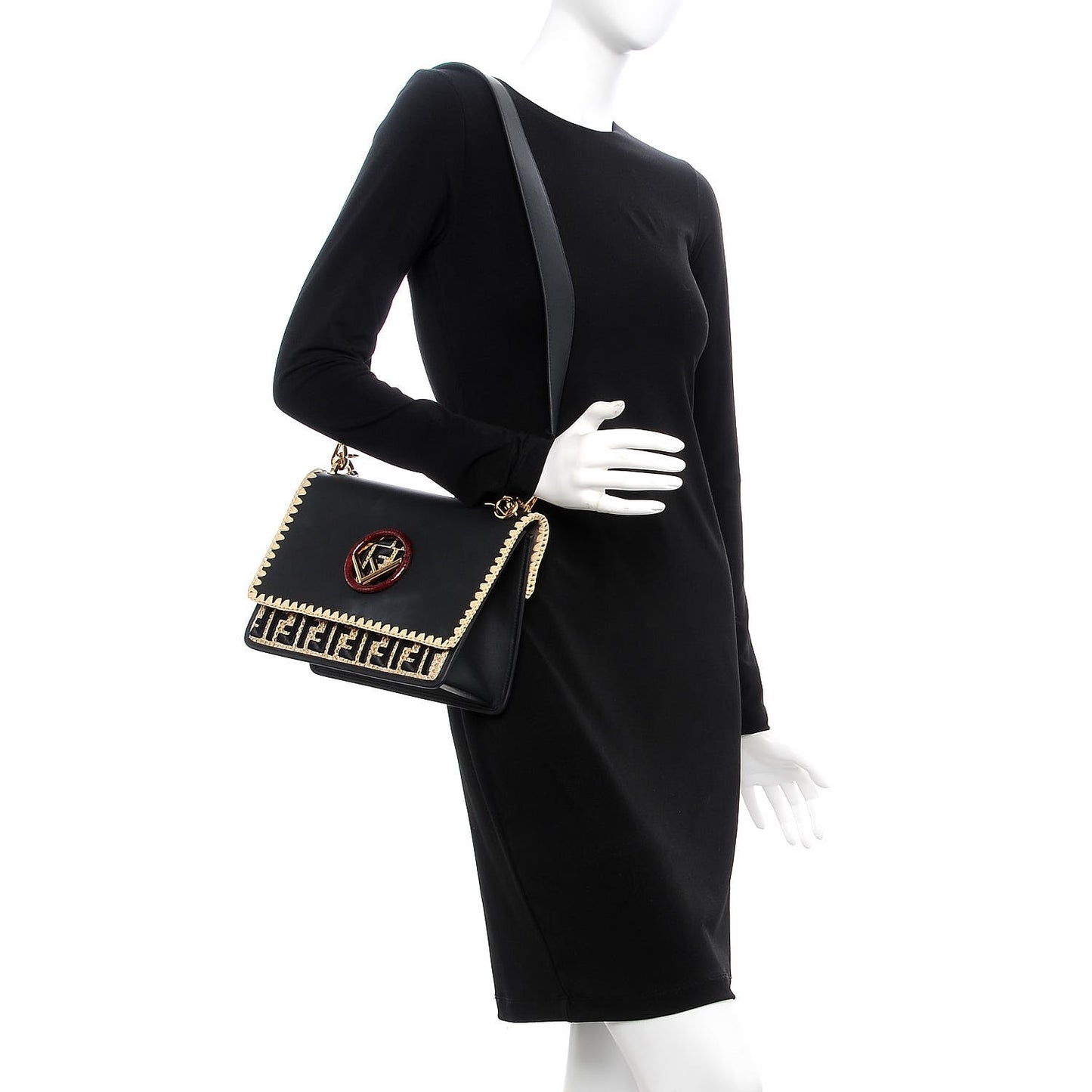 Vitello Century Raffia Snakeskin F is Fendi FF Woven Embroidered Kan I Shoulder Bag Black Natural