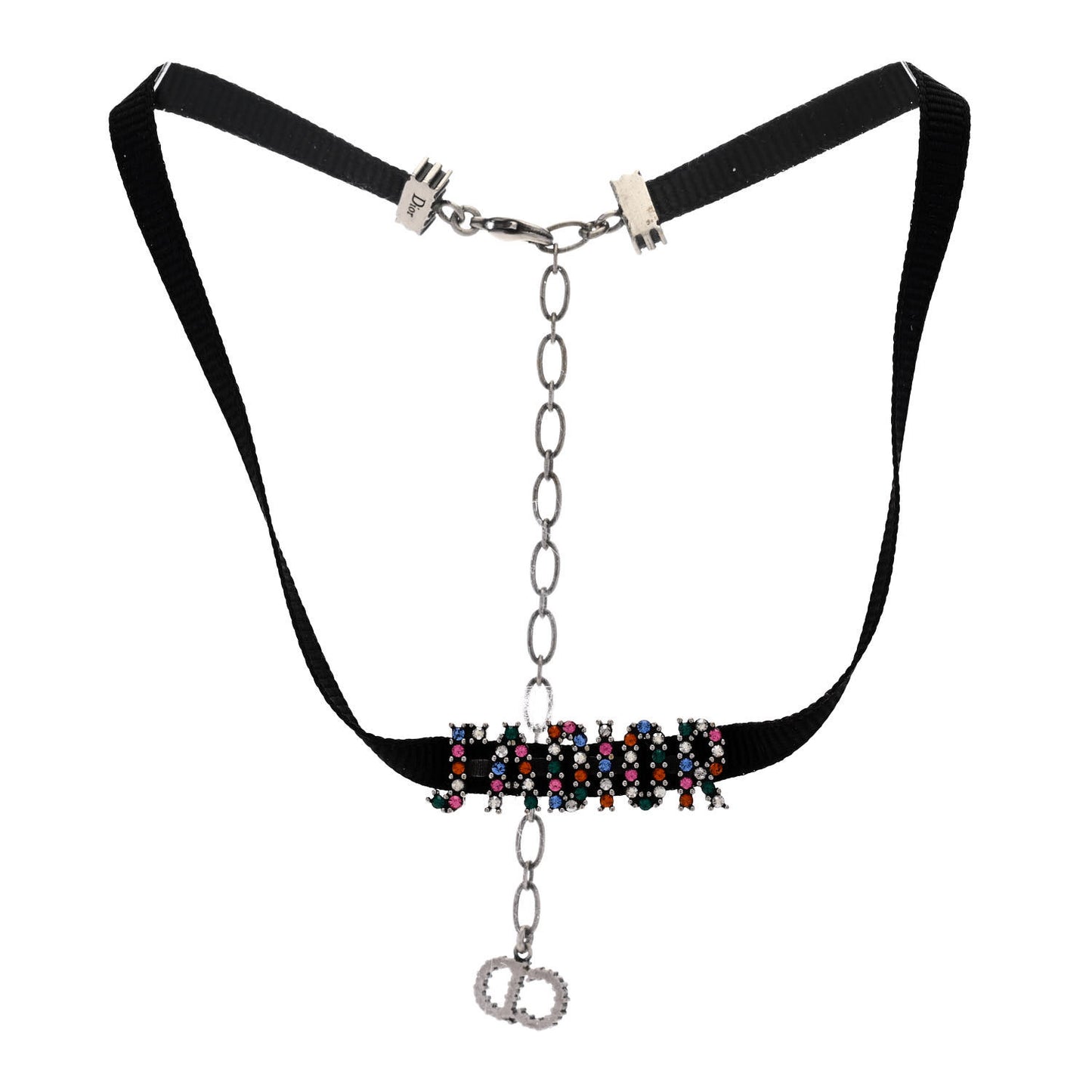 Grosgrain Ribbon Crystal J'Adior Logo Choker Necklace Multicolor