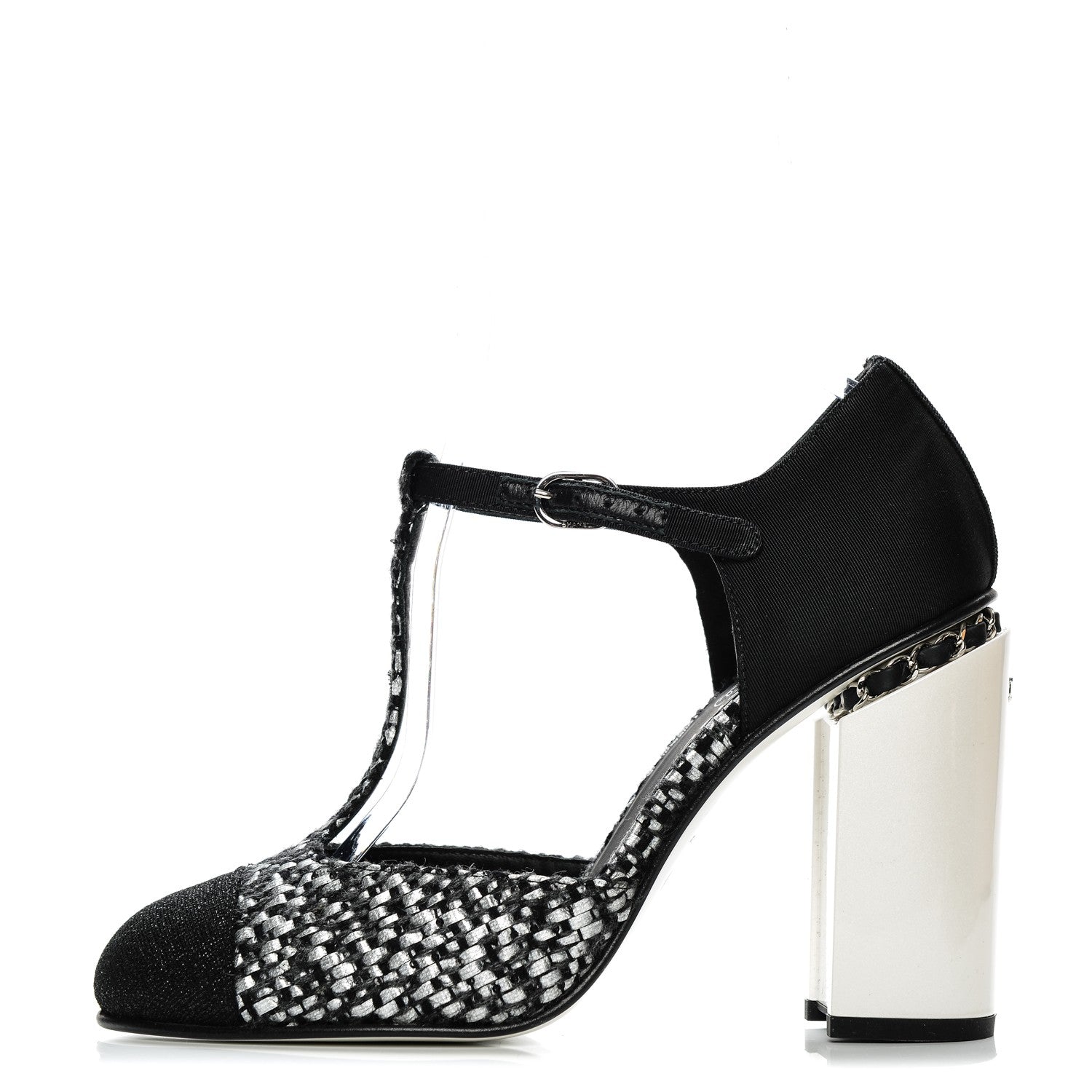 Chanel Tweed Grosgrain Chain T-Strap Pumps 40 Black Silver 1 of 5