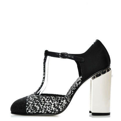 Chanel Tweed Grosgrain Chain T-Strap Pumps 40 Black Silver 1 of 5