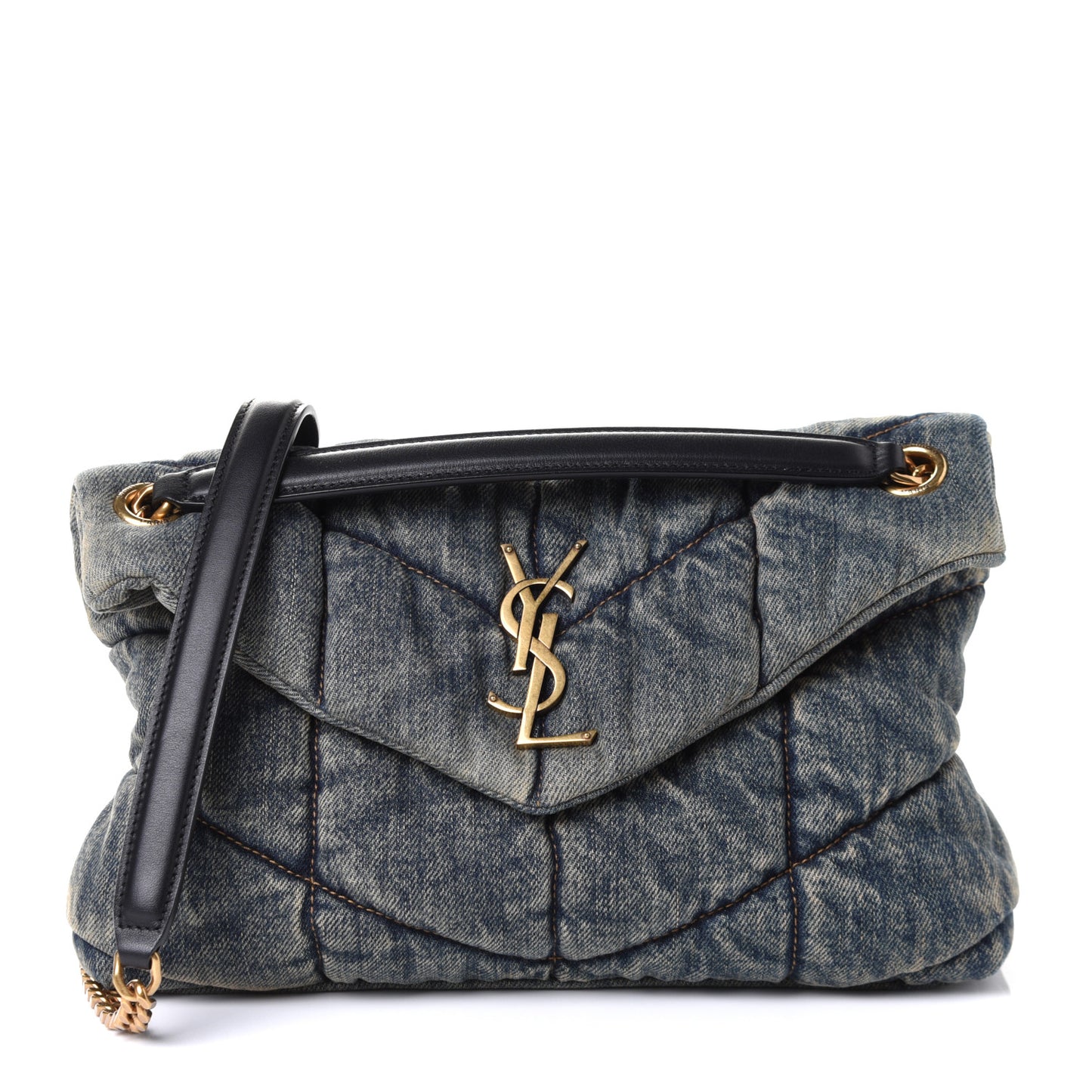 Denim Quilted Small Loulou Puffer Monogram Chain Satchel Rodeo Blue