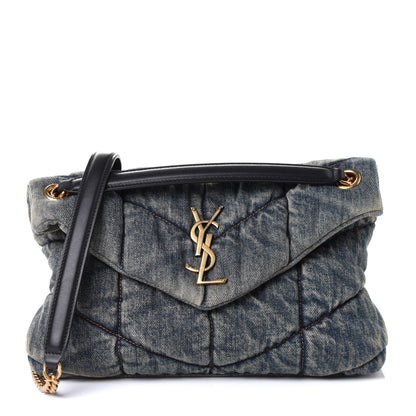 Saint Laurent Denim Quilted Small Loulou Puffer Monogram Chain Satchel Rodeo Blue 1 of 4