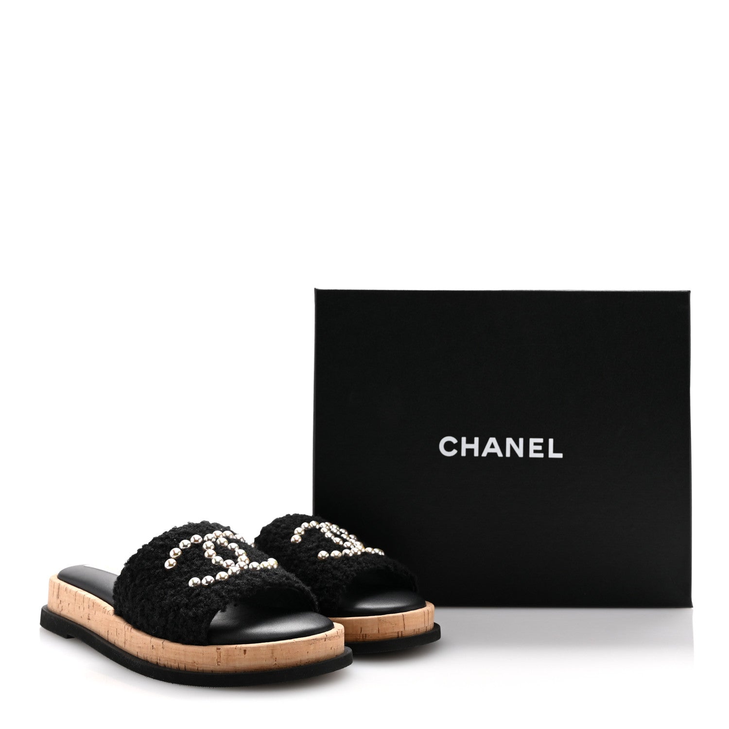 Chanel Fabric Pearl Cork CC Slip On Sandals 39 Black 11 of 11