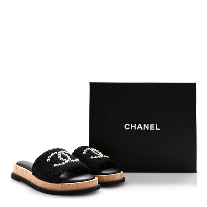Chanel Fabric Pearl Cork CC Slip On Sandals 39 Black 11 of 11