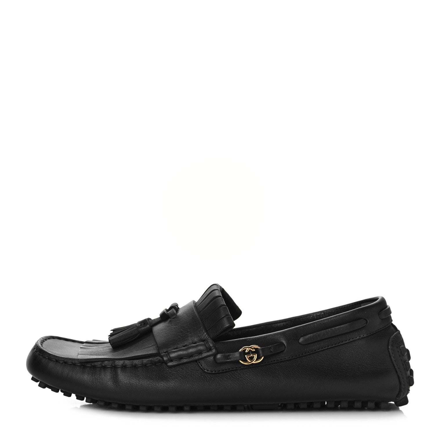 Gucci Calfskin Fringe Interlocking G Mens Driver Loafers 8.5 Black 1 of 11