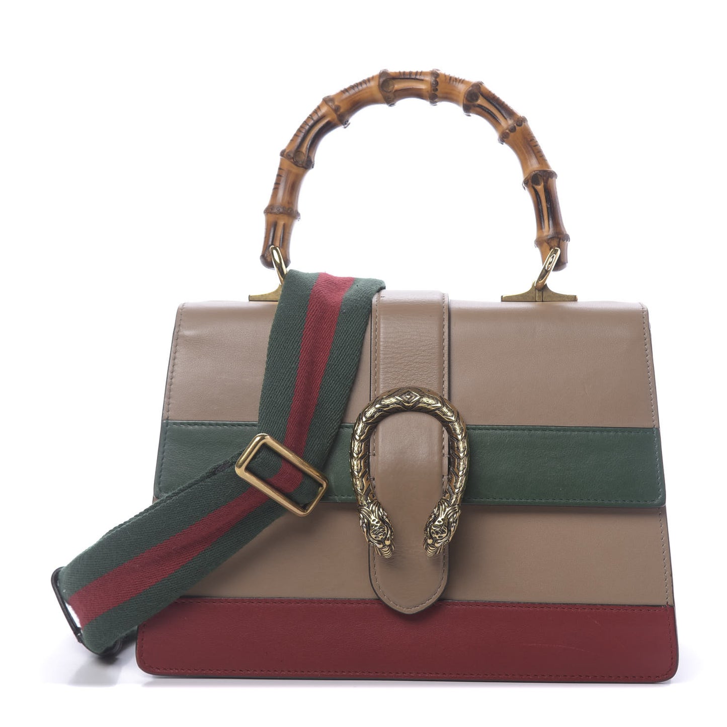 Calfskin Bamboo Web Medium Dionysus Top Handle Bag Camelia Bright Evergreen Hibiscus Red