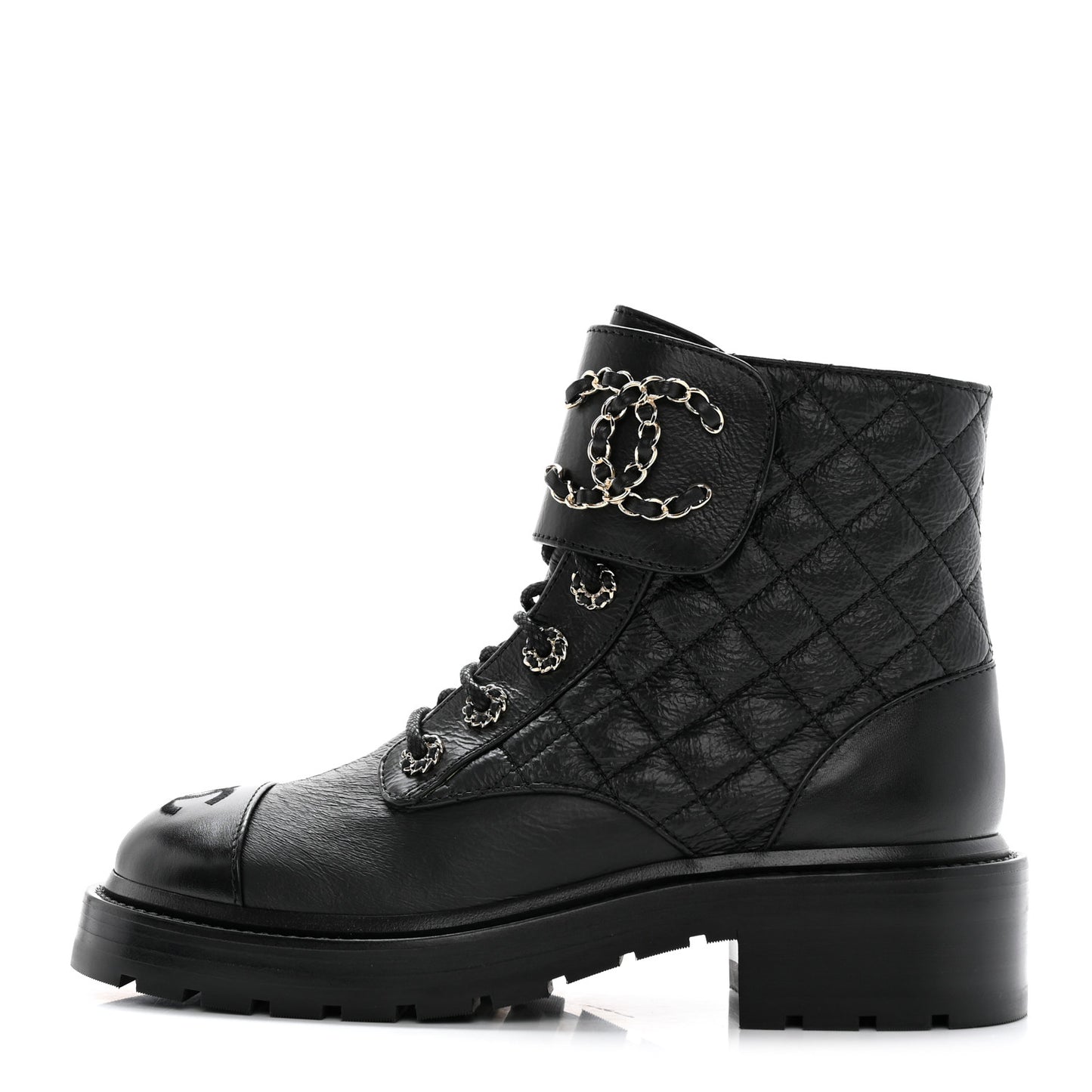Shiny Calfskin Quilted Lace Up Combat Boots 36.5 Black