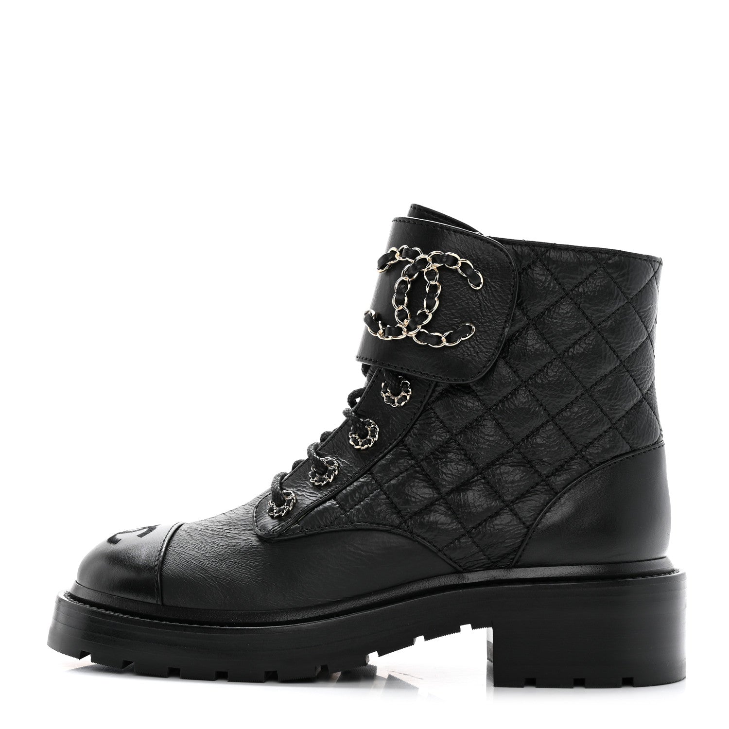 Chanel Shiny Calfskin Quilted Lace Up Combat Boots 36.5 Black 1 of 16