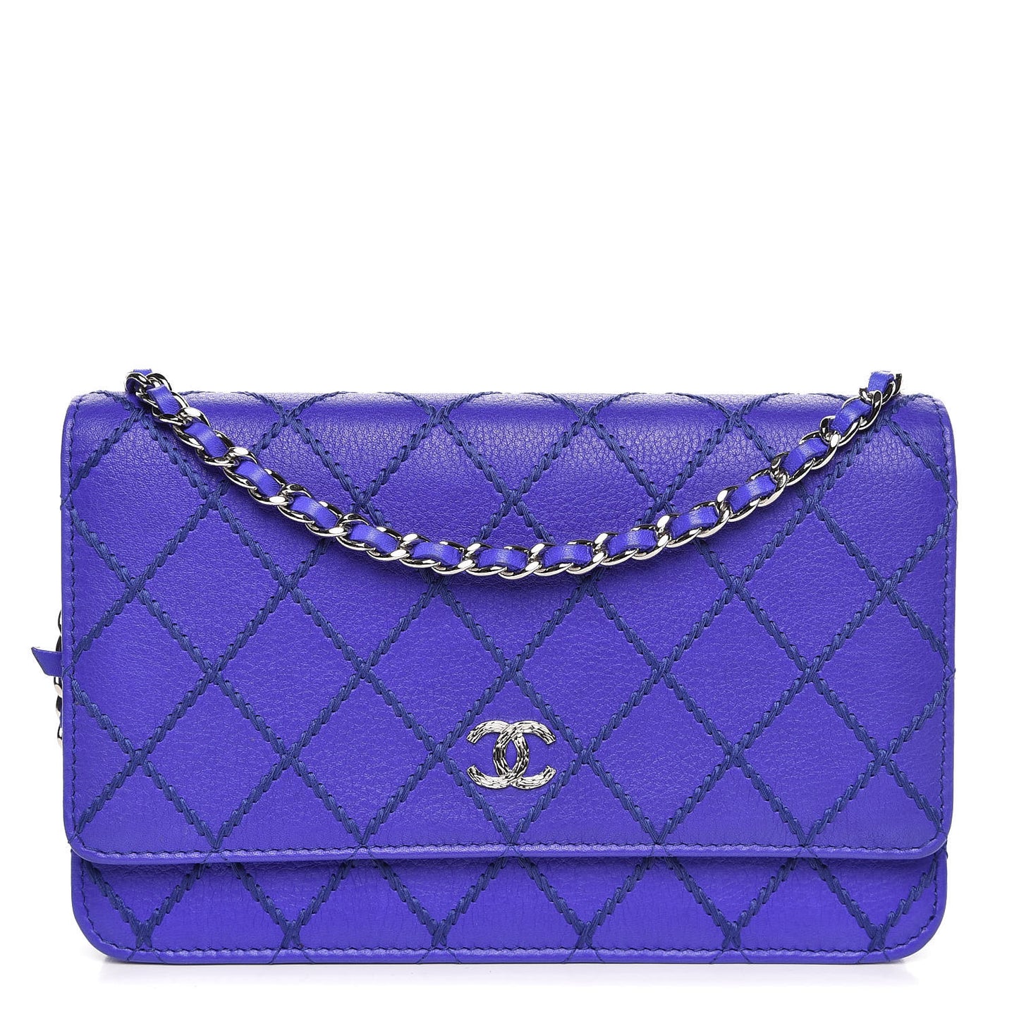 Calfskin Quilted Fancy CC Wallet On Chain WOC Blue