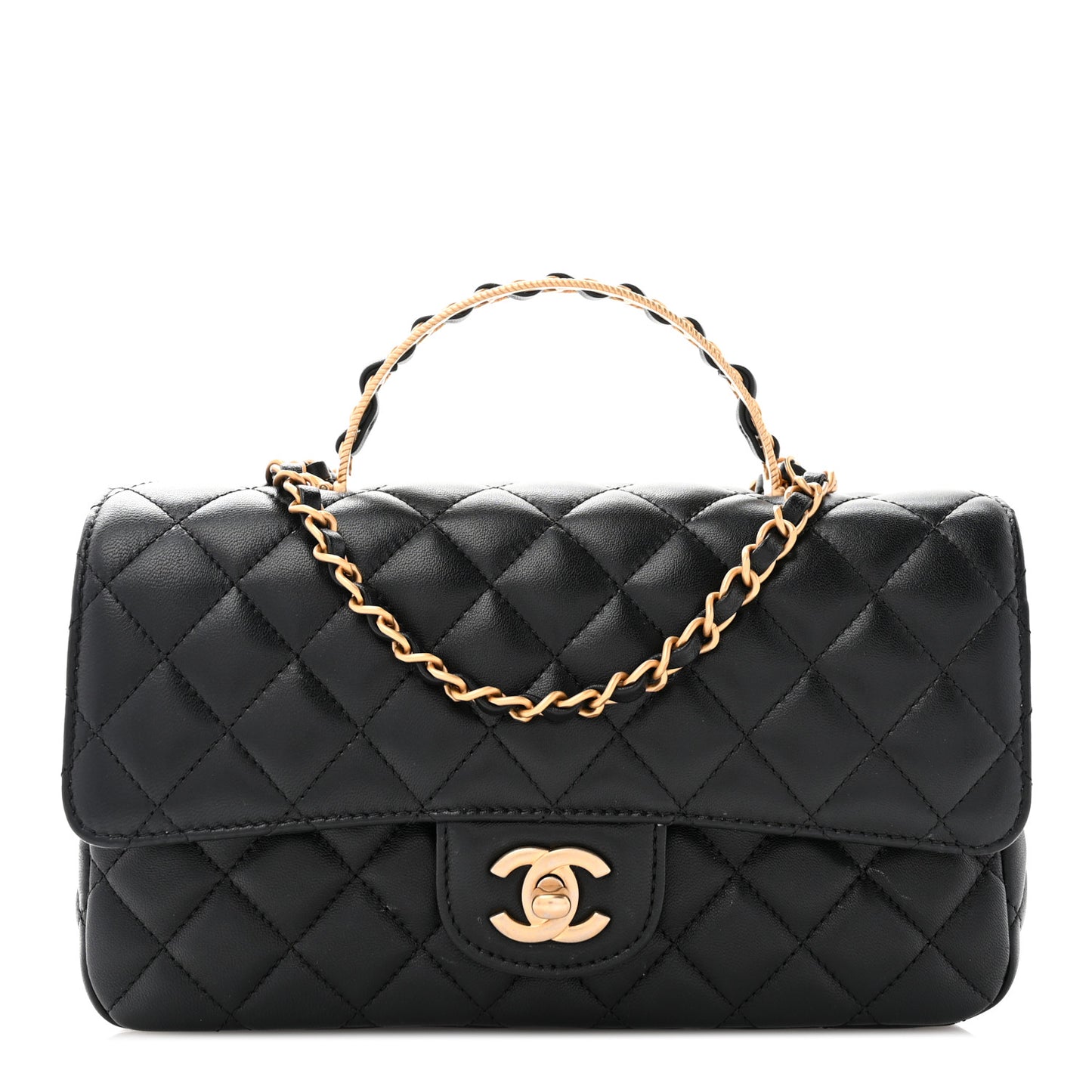 Lambskin Quilted Small Metal Top Handle Flap Black