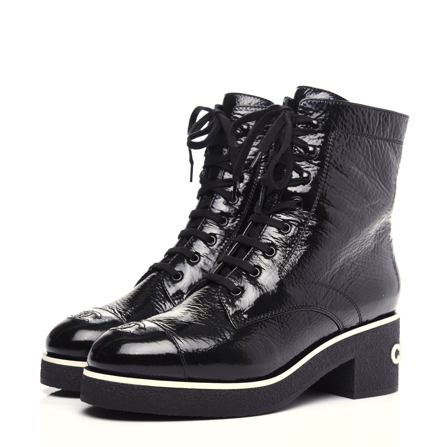 Chanel Shiny Crumpled Lambskin Lace Up Combat Boots 42 Black 3 of 11