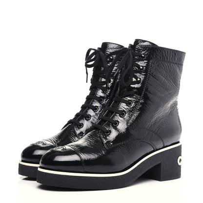 Chanel Shiny Crumpled Lambskin Lace Up Combat Boots 42 Black 3 of 11