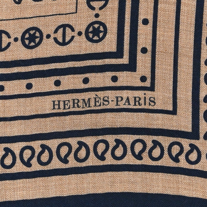 Hermes Cashmere Silk Tatouages Marins Bandana Shawl 140 Caramel Marine 2 of 5