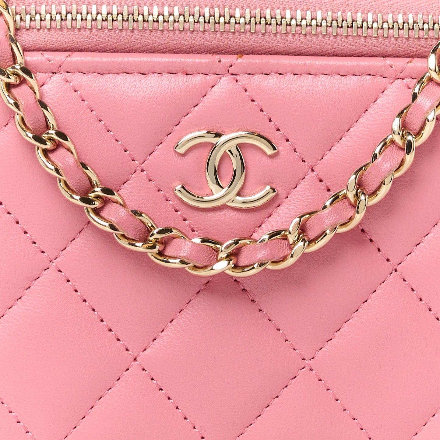 Lambskin Quilted Small Top Handle Vanity Case With Chain Dark Pink