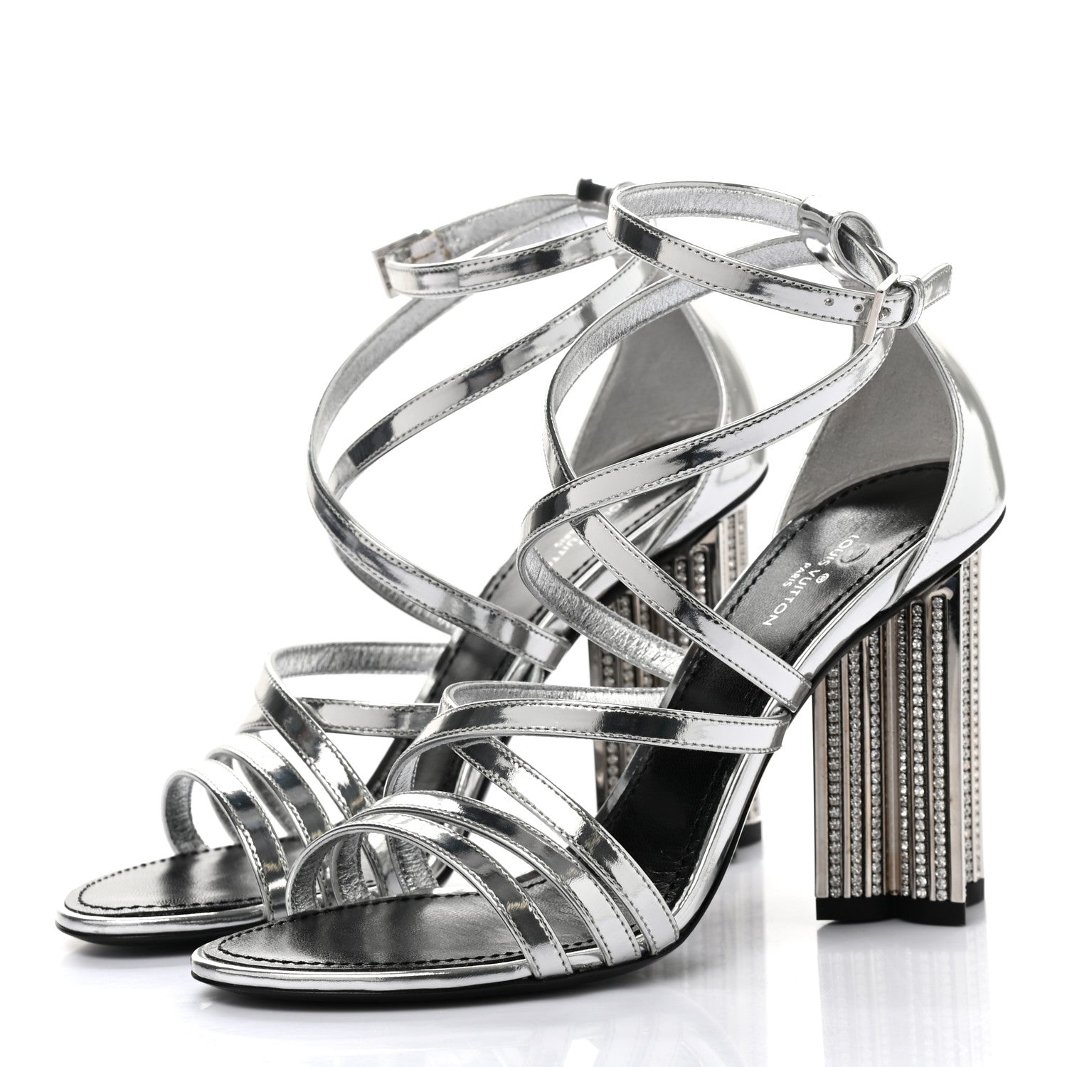 Louis Vuitton Metallic Patent Crystal Silhouette Criss Cross Sandals 35.5 Silver 3 of 7