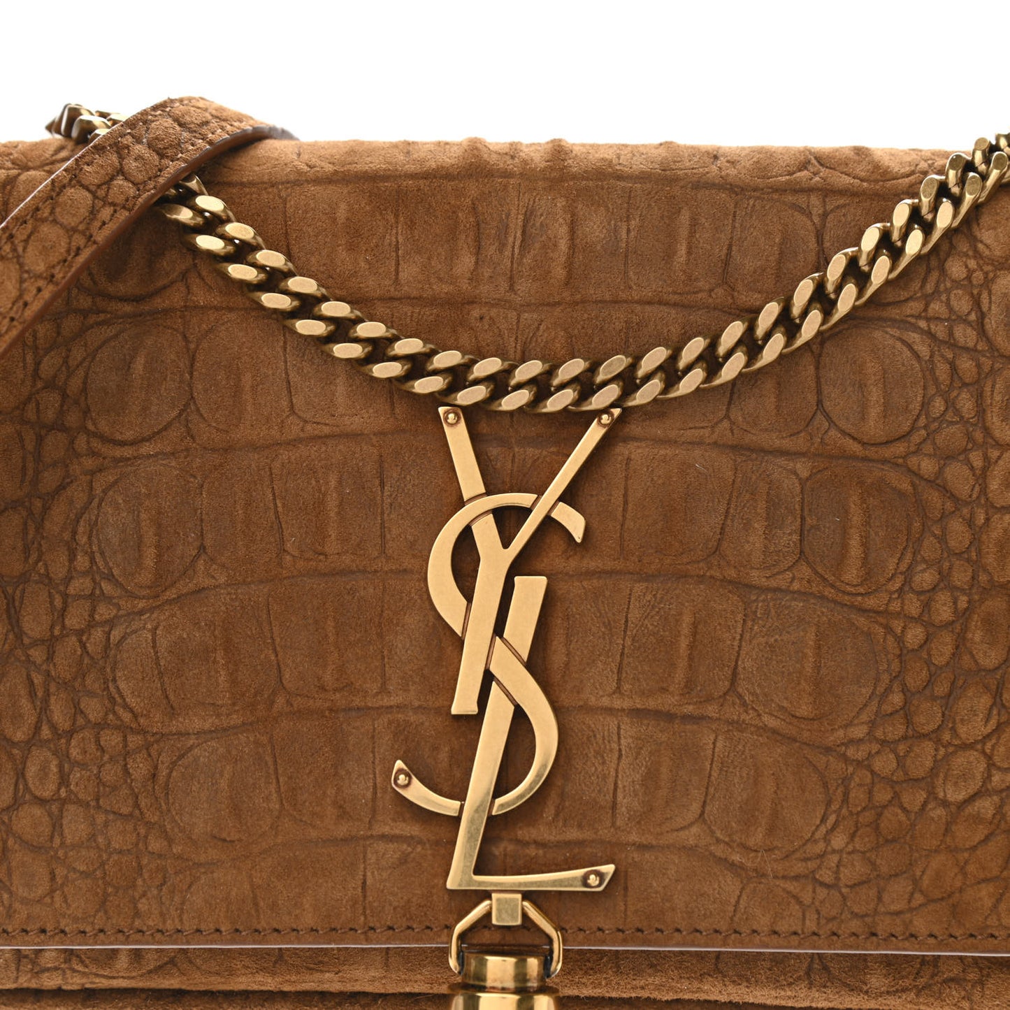 Crocodile Embossed Suede Monogram Tassel Kate 99 Tan