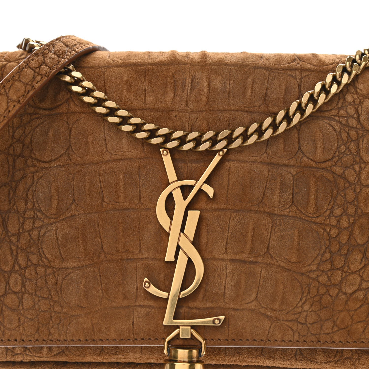 Saint Laurent Crocodile Embossed Suede Monogram Tassel Kate 99 Tan 7 of 9