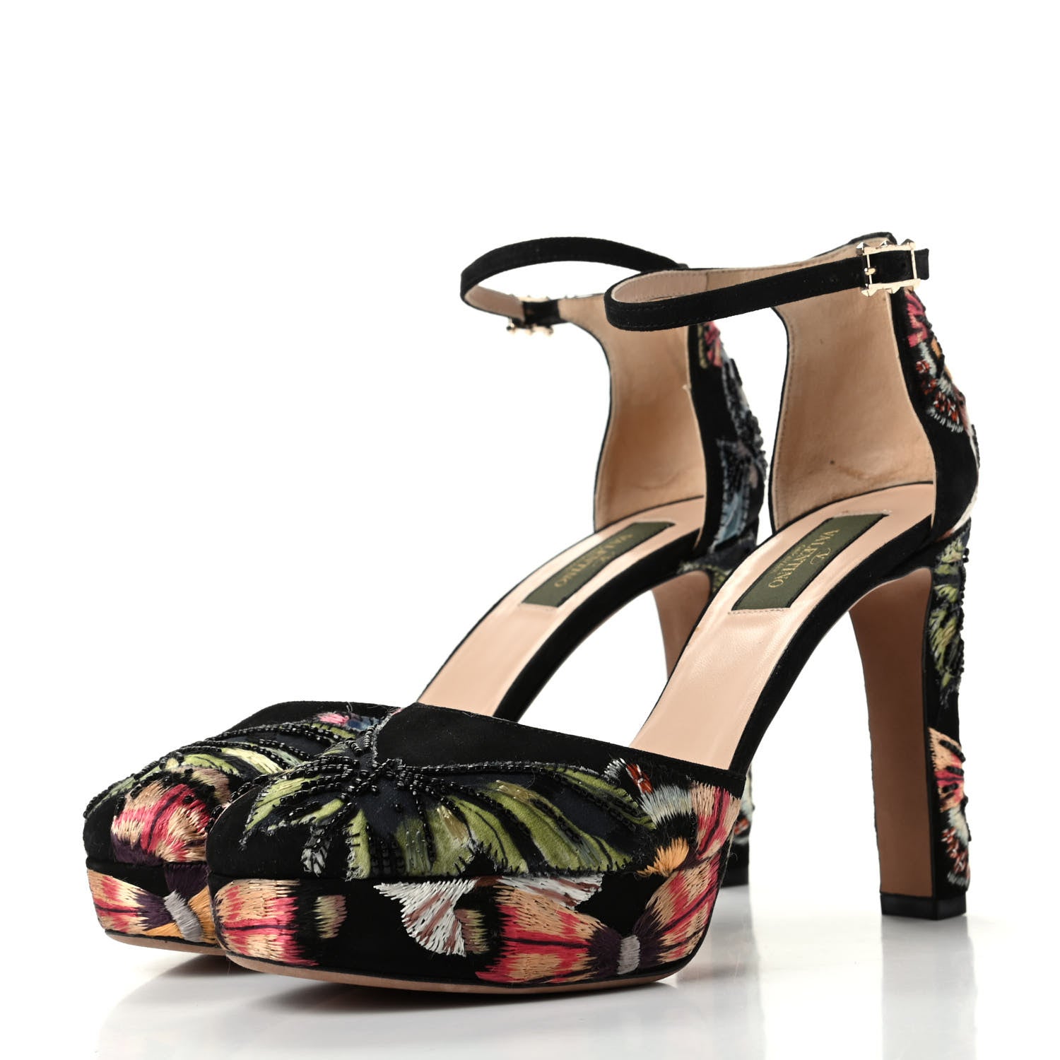 Valentino Garavani Suede Butterfly Embroidered d'Orsay Ankle Strap Platform Pumps 37.5 Black 3 of 10